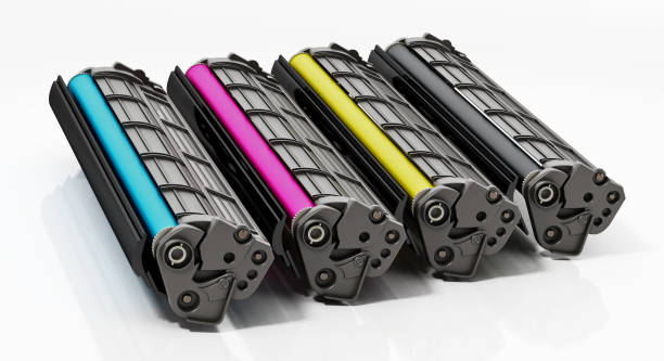 set of spare laser printer toner cartridges. cyan, magenta, yellow and black.
